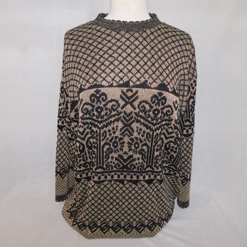Vintage Black Gold Metallic Pullover Knit Sweater Retro Womens L Separate Scene